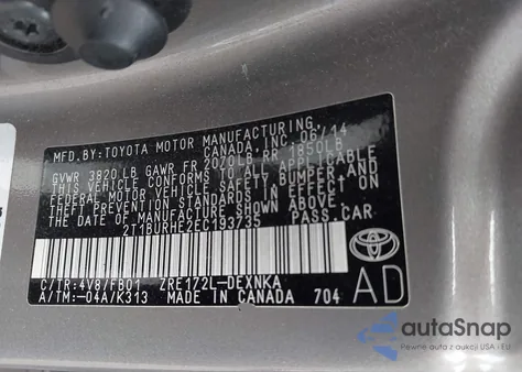 2014 Toyota Corolla Le z USA, uszkodzony, nr VIN 2T1BURHE2EC193735